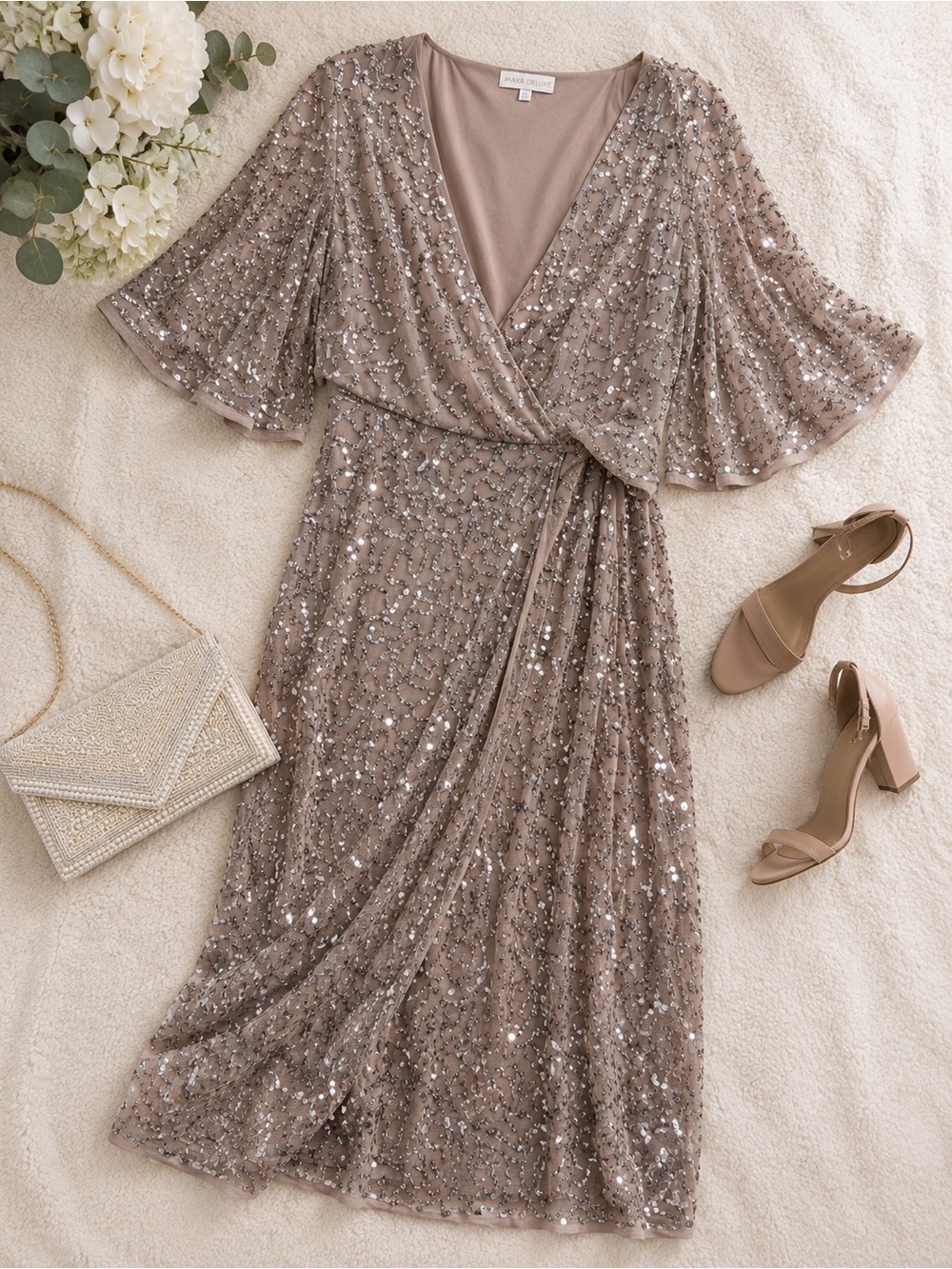 Maya Deluxe Taupe Champagne Sequin Faux Wrap Midi Dress Formal Evening